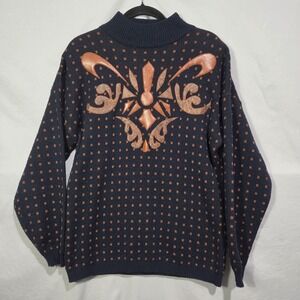Vintage Tony Lambert Wool Blend Large Navy Sweater Art Wear Abstract Geo Print‎